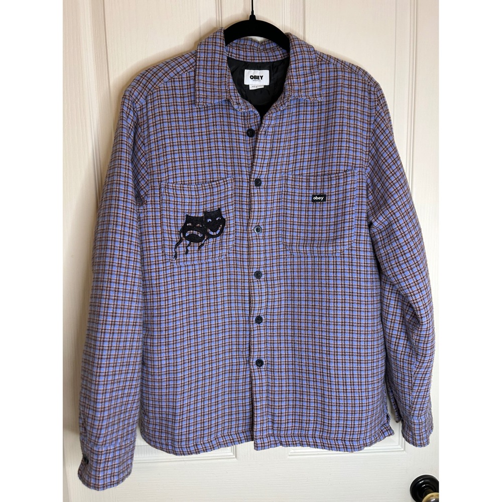 Obey Mens Organic Cotton Quilted Plaid‎ Shirt Jacket Blue Brown Theater Mask S